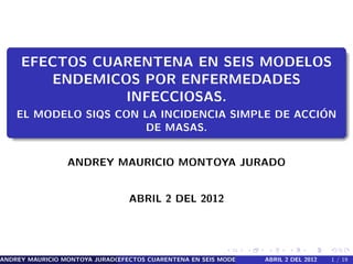 EFECTOS CUARENTENA EN SEIS MODELOS 
ENDEMICOS POR ENFERMEDADES 
INFECCIOSAS. 
EL MODELO SIQS CON LA INCIDENCIA SIMPLE DE ACCIÓN 
DE MASAS. 
ANDREY MAURICIO MONTOYA JURADO 
ABRIL 2 DEL 2012 
ANDREY MAURICIO MONTOYA JURADOEF()ECTOS CUARENTENA EN SEIS MODELOS ENDEAMBIRCIOLS2PDOERL E2N01F2ERME1D/AD19ES  