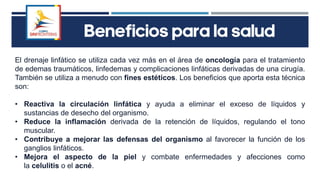 El drenaje linfático se utiliza cada vez más en el área de oncología para el tratamiento
de edemas traumáticos, linfedemas y complicaciones linfáticas derivadas de una cirugía.
También se utiliza a menudo con fines estéticos. Los beneficios que aporta esta técnica
son:
• Reactiva la circulación linfática y ayuda a eliminar el exceso de líquidos y
sustancias de desecho del organismo.
• Reduce la inflamación derivada de la retención de líquidos, regulando el tono
muscular.
• Contribuye a mejorar las defensas del organismo al favorecer la función de los
ganglios linfáticos.
• Mejora el aspecto de la piel y combate enfermedades y afecciones como
la celulitis o el acné.
Beneficios para la salud
 