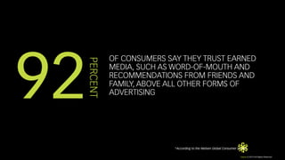 OF CONSUMERS SAY THEY TRUST EARNED 
MEDIA, SUCH AS WORD-OF-MOUTH AND 
RECOMMENDATIONS FROM FRIENDS AND 
FAMILY, ABOVE ALL ...