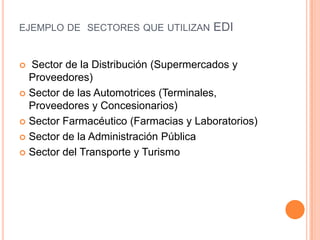 EJEMPLO DE SECTORES QUE UTILIZAN       EDI


 Sector de la Distribución (Supermercados y
  Proveedores)
 Sector de las Automotrices (Terminales,
  Proveedores y Concesionarios)
 Sector Farmacéutico (Farmacias y Laboratorios)

 Sector de la Administración Pública

 Sector del Transporte y Turismo
 