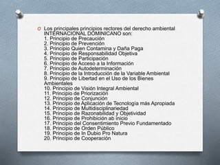 O Los principales principios rectores del derecho ambiental
INTERNACIONAL DOMINICANO son:
1. Principio de Precaución
2. Principio de Prevención
3. Principio Quien Contamina y Daña Paga
4. Principio de Responsabilidad Objetiva
5. Principio de Participación
6. Principio de Acceso a la Información
7. Principio de Autodeterminación
8. Principio de la Introducción de la Variable Ambiental
9. Principio de Libertad en el Uso de los Bienes
Ambientales
10. Principio de Visión Integral Ambiental
11. Principio de Priorización
12. Principio de Conjunción
13. Principio de Aplicación de Tecnología más Apropiada
14. Principio de Multidisciplinariedad
15. Principio de Razonabilidad y Objetividad
16. Principio de Prohibición ab inicio
17. Principio del Consentimiento Previo Fundamentado
18. Principio de Orden Público
19. Principio de In Dubio Pro Natura
20. Principio de Cooperación
 