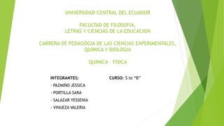 UNIVERSIDAD CENTRAL DEL ECUADOR
FACULTAD DE FILOSOFIA,
LETRAS Y CIENCIAS DE LA EDUCACION
CARRERA DE PEDAGOGIA DE LAS CIENCIAS EXPERIMENTALES,
QUIMICA Y BIOLOGIA
QUIMICA – FISICA
INTEGRANTES: CURSO: 5 to “B”
- PAZMIÑO JESSICA
- PORTILLA SARA
- SALAZAR YESSENIA
- VINUEZA VALERIA
 