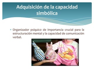 Adquisición de la capacidad
           simbólica


Organizador psíquico de importancia crucial para la
estructuración mental y la capacidad de comunicación
verbal.
 