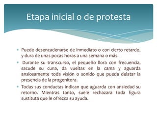 Etapa inicial o de protesta


Puede desencadenarse de inmediato o con cierto retardo,
y dura de unas pocas horas a una semana o más.
 Durante su transcurso, el pequeño llora con frecuencia,
sacude su cuna, da vueltas en la cama y aguarda
ansiosamente toda visión o sonido que pueda delatar la
presencia de la progenitora.
Todas sus conductas indican que aguarda con ansiedad su
retorno. Mientras tanto, suele rechazara toda figura
sustituta que le ofrezca su ayuda.
 