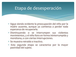 Etapa de desesperación


Sigue siendo evidente la preocupación del niño por la
madre ausente, aunque ya comienza a perder toda
esperanza de recuperarla.
Disminuyendo o se interrumpen sus violentos
movimientos, y el niño llora en forma ininterrumpida y
monótona, o con ciertas interrupciones.
Se muestra retraído e inactivo.
Esta segunda etapa se caracteriza por la mayor
pasividad del sujeto.
 