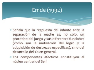 Emde (1992)


Señala que la respuesta del infante ante la
separación de la madre es, no sólo, un
prototipo del juego y sus diferentes funciones
(como son la motivación del logro y la
adquisición de destrezas específicas), sino del
desarrollo del Yo en general.
Los componentes afectivos constituyen el
núcleo central del Self
 