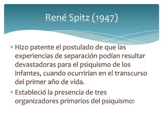 René Spitz (1947)

Hizo patente el postulado de que las
experiencias de separación podían resultar
devastadoras para el psiquismo de los
infantes, cuando ocurrirían en el transcurso
del primer año de vida.
Estableció la presencia de tres
organizadores primarios del psiquismo:
 