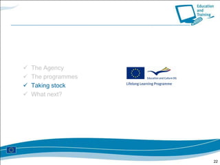 Promote European cooperation in the field of Open and Distance Learning (ODL) and Information and Communication Technology (ICT) in educationMinervaSocrates2000-2006Improving the quality and accessibility of European education and training systems through the effective use of information and communication technologies (ICT)2004-2006Specific objectives include the support and development of innovative ICT-based content, services, pedagogies and practice for lifelong learning2007-2013ICT in Education and training programmes10