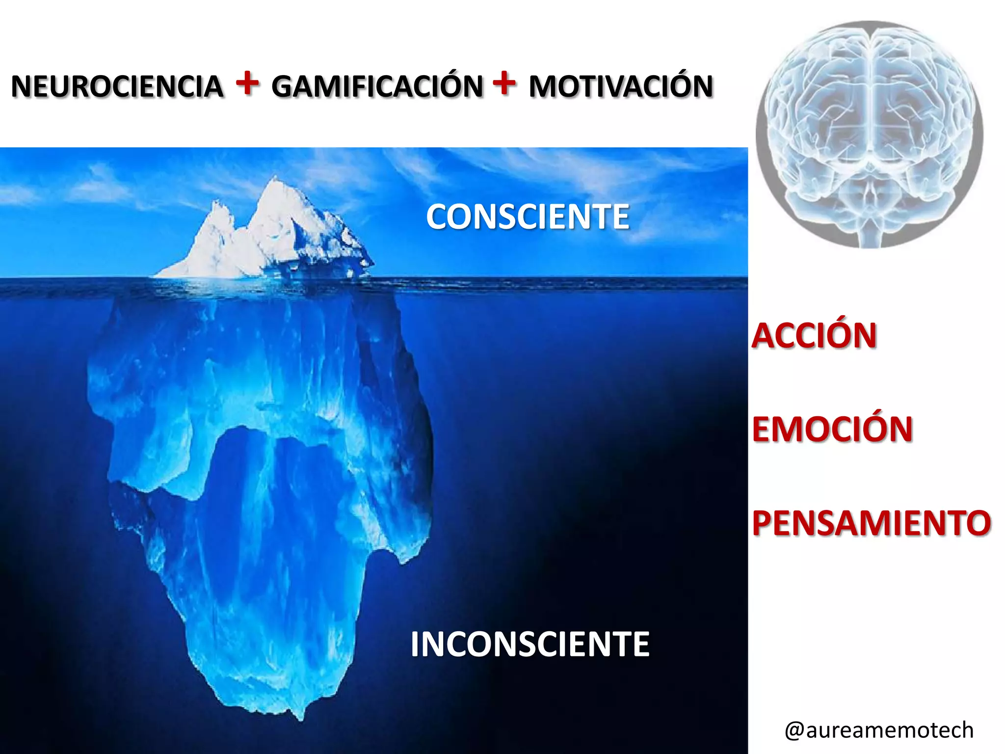 NEUROCIENCIA
+ GAMIFICACIÓN + MOTIVACIÓN
CONSCIENTE
ACCIÓN
EMOCIÓN
PENSAMIENTO
INCONSCIENTE
•
@aefol
#expoelearning #gamificación
@aureamemotech