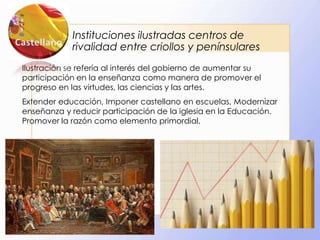 Instituciones ilustradas centros de
rivalidad entre criollos y penínsulares
Ilustración se refería al interés del gobierno de aumentar su
participación en la enseñanza como manera de promover el
progreso en las virtudes, las ciencias y las artes.
Extender educación, Imponer castellano en escuelas, Modernizar
enseñanza y reducir participación de la iglesia en la Educación.
Promover la razón como elemento primordial.

 
