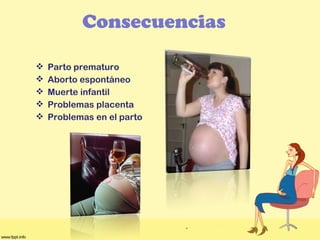  Parto prematuro
 Aborto espontáneo
 Muerte infantil
 Problemas placenta
 Problemas en el parto
Consecuencias
 