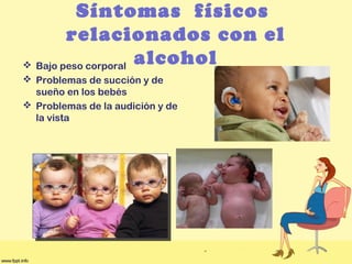 Síntomas físicos
relacionados con el
alcohol Bajo peso corporal
 Problemas de succión y de
sueño en los bebés
 Problemas de la audición y de
la vista
 