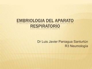 EMBRIOLOGIA DEL APARATO
     RESPIRATORIO


        Dr Luis Javier Paniagua Santurtún
                           R3 Neumología
 