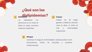¿Qué son las
dislipidemias?
1 Definición
Las dislipidemias son
alteraciones en los niveles de
lípidos en sangre, incluyendo
colesterol y triglicéridos.
2 Causas
Pueden ser de origen
genético o deberse a factores
como la dieta, el estilo de
vida y enfermedades
subyacentes.
3 Riesgos
Aumentan el riesgo de enfermedades cardiovasculares como
aterosclerosis, infarto de miocardio y accidente
cerebrovascular.
 