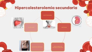 Hipercolesterolemia secundaria
HIPOTIROIDISMO
NEFROSIS
TRASTORNOS DE
INMUNOGLOBULINAS
ANOREXIA NERVIOSA
COLESTASIS
 