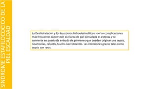 La Deshidratación y los trastornos hidroelectrolíticos son las complicaciones
más frecuentes sobre todo si el área de piel denudada es extensa y se
convierte en puerta de entrada de gérmenes que pueden originar una sepsis,
neumonías, celulitis, fascitis necrotizantes. Las infecciones graves tales como
sepsis son raras.
SINDROMEESTAFILOCOCICODELA
PIELESCALDAD
 