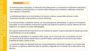 SINDROMEESTAFILOCOCICODELA
PIELESCALDAD
TRATAMIENTO
En las formas leves y localizadas, sin afectación del estado general, se recomienda el tratamiento ambulatorio,
con un antibiótico antiestafilocócico, en nuestro medio se dispone de la cefalexina, cefadroxilo, amoxicilina
más sulbactam o clavulanato.
Si un niño tiene fiebre y exfoliación extensa, con mal estado general, deshidratado, su ingreso en el hospital es
aconsejable. Se inicia antibiótico endovenoso específico (de preferencia oxacilina) y evaluar cobertura de Gram
negativos si se sospecha una sepsis sobreagregada.
Otro aspecto fundamental del tratamiento son las medidas de soporte: El aporte adecuado de líquidos para evitar
la deshidratación y el uso de analgesia
La antibioterapia tópica no se recomienda en las lesiones cutáneas, aunque debe utilizarse si existe
conjuntivitis asociada, rinitis purulenta o costras melicéricas.
El niño debe ser atendido en un ambiente cálido, limpio, con un mínimo de ropa. Un emoliente, tal como
una mezcla de 50 de parafina blanda blanco y parafina líquida, puede aplicarse a las lesiones para reducir
la pérdida de fluidos y calmar el área
Los emolientes deben ser aplicados hasta que se haya producido la cicatrización completa. Si una lesión debe
ser cubierta, un apósito no adherente debe ser aplicado y asegurado con un vendaje. No se debe utilizar cinta
adhesiva
 