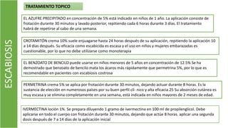ESCABIOSIS TRATAMIENTO TOPICO
EL AZUFRE PRECIPITADO en concentración de 5% está indicado en niños de 1 año. La aplicación consiste de
frotación durante 30 minutos y lavado posterior, repitiendo cada 6 horas durante 3 días. El tratamiento
habrá de repetirse al cabo de una semana.
CROTAMITÓN crema 10% suele enjuagarse hasta 24 horas después de su aplicación, repitiendo la aplicación 10
a 14 días después. Su eficacia como escabicida es escasa y el uso en niños y mujeres embarazadas es
cuestionable, por lo que no debe utilizarse como monoterapia
EL BENZOATO DE BENCILO puede usarse en niños menores de 5 años en concentración de 12.5% Se ha
demostrado que benzoato de bencilo mata los ácaros más rápidamente que permetrina 5%, por lo que es
recomendable en pacientes con escabiosis costrosa
PERMETRINA crema 5% se aplica por frotación durante 30 minutos, dejando actuar durante 8 horas. Es la
sustancia de elección en numerosos países por su buen perfil clí- nico y alta eficacia.25 Su absorción cutánea es
muy escasa y se elimina completamente en una semana, está indicada en niños mayores de 2 meses de edad.
IVERMECTINA loción 1%. Se prepara diluyendo 1 gramo de ivermectina en 100 ml de propilenglicol. Debe
aplicarse en todo el cuerpo con frotación durante 30 minutos, dejando que actúe 8 horas. aplicar una segunda
dosis después de 7 a 14 días de la aplicación inicial
 