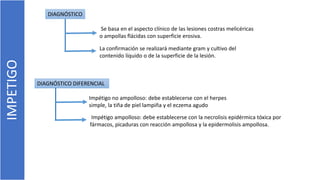IMPETIGO
Se basa en el aspecto clínico de las lesiones costras melicéricas
o ampollas flácidas con superficie erosiva.
Impétigo no ampolloso: debe establecerse con el herpes
simple, la tiña de piel lampiña y el eczema agudo
DIAGNÓSTICO
La confirmación se realizará mediante gram y cultivo del
contenido líquido o de la superficie de la lesión.
DIAGNÓSTICO DIFERENCIAL
Impétigo ampolloso: debe establecerse con la necrolisis epidérmica tóxica por
fármacos, picaduras con reacción ampollosa y la epidermolisis ampollosa.
 