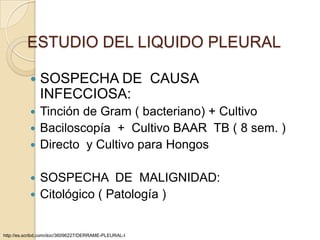 ESTUDIO DEL LIQUIDO PLEURAL

              SOSPECHA DE CAUSA
               INFECCIOSA:
            Tinción de Gram ( bacteriano) + Cultivo
            Baciloscopía + Cultivo BAAR TB ( 8 sem. )
            Directo y Cultivo para Hongos


            SOSPECHA DE MALIGNIDAD:
            Citológico ( Patología )


http://es.scribd.com/doc/36096227/DERRAME-PLEURAL-I
 