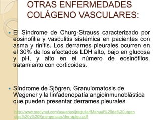 OTRAS ENFERMEDADES
          COLÁGENO VASCULARES:
   El Síndrome de Churg-Strauss caracterizado por
    eosinofilia y vasculitis sistémica en pacientes con
    asma y rinitis. Los derrames pleurales ocurren en
    el 30% de los afectados LDH alto, bajo en glucosa
    y pH, y alto en el número de eosinófilos.
    tratamiento con corticoides.


   Síndrome de Sjögren, Granulomatosis de
    Wegener y la linfadenopatía angioinmunoblástica
    que pueden presentar derrames pleurales
    http://www.medynet.com/usuarios/jraguilar/Manual%20de%20urgen
    cias%20y%20Emergencias/derrapleu.pdf
 