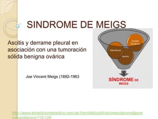 SINDROME DE MEIGS
Ascitis y derrame pleural en
asociación con una tumoración
sólida benigna ovárica


        Joe Vincent Meigs (1892-1963




 http://www.elmedicointeractivo.com/ap1/emiold/publicaciones/ejournalgyne
 cologyfebrero/115-120
 
