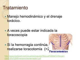 Tratamiento
   Manejo hemodinámico y el drenaje
    torácico.

   A veces puede estar indicada la
    toracoscopia

   Si la hemorragia continúa, debe
    realizarse toracotomía (>200ml/h).
http://www.medynet.com/usuarios/jraguilar/Manual%20de%20urgen
cias%20y%20Emergencias/derrapleu.pdf
 