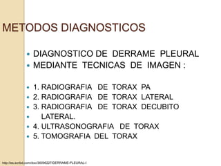 METODOS DIAGNOSTICOS

               DIAGNOSTICO DE DERRAME PLEURAL
               MEDIANTE TECNICAS DE IMAGEN :


               1. RADIOGRAFIA DE TORAX PA
               2. RADIOGRAFIA DE TORAX LATERAL
               3. RADIOGRAFIA DE TORAX DECUBITO
                  LATERAL.
               4. ULTRASONOGRAFIA DE TORAX
               5. TOMOGRAFIA DEL TORAX



http://es.scribd.com/doc/36096227/DERRAME-PLEURAL-I
 