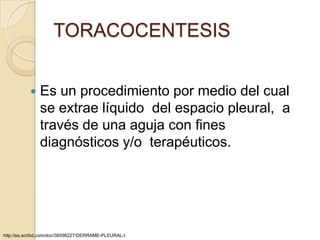 TORACOCENTESIS


              Es un procedimiento por medio del cual
               se extrae líquido del espacio pleural, a
               través de una aguja con fines
               diagnósticos y/o terapéuticos.




http://es.scribd.com/doc/36096227/DERRAME-PLEURAL-I
 
