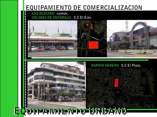 EQUIPAMIENTO DE COMERCIALIZACION LAS ACACIAS:  cosmos.COLINAS DE ANTARAJU:  C.C El Este.EQUIPAMIENTO URBANOEQUIPAMIENTO URBANOBARRIO OBRERO:  C.C El Plaza.