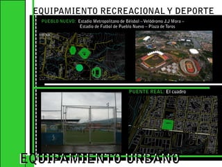 EQUIPAMIENTO RECREACIONAL Y DEPORTE PUEBLO NUEVO:  Estadio Metropolitano de Béisbol – Velódromo J.J Mora –                                 Estadio de Futbol de Pueblo Nuevo – Plaza de Toros EQUIPAMIENTO URBANOEQUIPAMIENTO URBANOPUENTE REAL: El cuadro