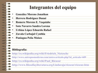Integrantes del equipo González Moreno Jonathan  Herrera Rodríguez Danaé  Romero Moreno E. Yuquiabe  Soto Navarro Sandra Lorena Urbina López Eduardo Rafael Zavala Carbajal Cynthia Paniagua Peña Moises Bibliografía: http://es.wikipedia.org/wiki/Friedrich_Nietzsche http://www.antroposmoderno.com/antro-articulo.php?id_articulo=609 http://es.wikipedia.org/wiki/Paul_Ricoeur http://www.filosofiayliteratura.org/Lindaraja/ricoeur/ricoeur.htm   