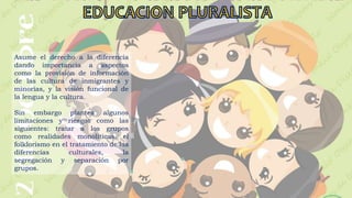 Asume el derecho a la diferencia
dando importancia a aspectos
como la provisión de información
de las cultura de inmigrantes y
minorías, y la visión funcional de
la lengua y la cultura.
Sin embargo plantea algunos
limitaciones y riesgos como las
siguientes: tratar a los grupos
como realidades monolíticas, el
folklorismo en el tratamiento de las
diferencias culturales, la
segregación y separación por
grupos.
 