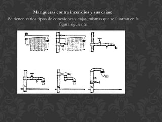 Mangueras contra incendios y sus cajas:
Se tienen varios tipos de conexiones y cajas, mismas que se ilustran en la
                             figura siguiente




              Diversos tipos de conexiones de mangueras
 