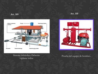 Art. 109                                Art. 110




  Sistema hidráulico. Deberán   Prueba del equipo de bombeo.
        vigilarse todos
 