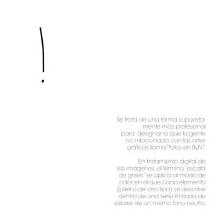 ! Se trata de una forma supuesta-
mente más profesional
para designar lo que la gente
no relacionada con las artes
gráficas llama “fotos en ByN”.
En tratamiento digital de
las imágenes, el término “escala
de grises” se aplica al modo de
color en el que cada elemento
(píxel o de otro tipo) se describe
dentro de una serie limitada de
valores de un mismo tono neutro.
 