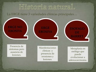 La ERGE tiene 3 variedades clínicas principales…
ERGE NO
EROSIVA
ERGE
EROSIVA
ESOFAGO
DE
BARRET
Presencia de
síntomas pero
ausencia de
lesiones.
Manifestaciones
clínicas y
presencia de
erosiones y
lesiones.
Metaplasia en
esófago que
puede
evolucionar a
adenocarcinoma.
 