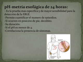 pH-metría esofágica de 24 horas:
- Es la prueba mas especifica y de mayor sensibilidad para la
detección de la ERGE.
-Permite cuantificar el numero de episodios.
-Si ocurren en posición de pie, decúbito.
-Su duración.
-Si el pH es menor de 4.
-Correlaciona la presencia de síntomas.
 