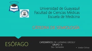 Universidad de Guayaquil
Facultad de Ciencias Médicas
Escuela de Medicina
CATEDRÁTICO: DR. LUDWING GRESELY
GRUPO: 18
5to- Semestre • Joselyn Ochoa
 