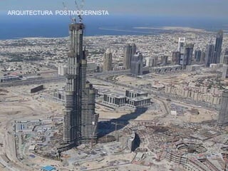 la distribución y ubicación más o menos bien delimitada de los diferentes servicios modernos que ofrece la ciudad cosmopolita. ARQUITECTURA  POSTMODERNISTACaracterísticas de la ciudadla localización de los grandes centros financieros, los edificios llamados inteligentes, los centros administrativos, la presencia de la arquitectura llamada posmoderna. Barrio ItalianoBarrio chinola alta y compleja presencia del multiculturalismo, de las nacionalidades, la abundancia de lenguas y de cruce de las mismas. ARQUITECTURA  POSTMODERNISTACaracterísticas de la ciudad Las grandes avenidas para alta velocidad, el gran parque automotriz privado, los servicios masivos de transporte, los centros de ferias.