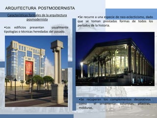 las macroedificaciones para espectáculos culturales de elite y de masas, la construcción vertical o las zonas de rascacielos.ARQUITECTURA  POSTMODERNISTATokio HonkonLa metrópolis es el centro de la política, negocios finanzas, educación, comunicación y cultura popular de todo Japón. Tiene más edificios modernos que Londres . Tokio son ejemplo de esta fisonomía citadina, pues el caos social y tecnológico en que se encuentra es masivo.