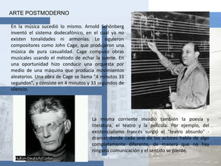 El posmodernismo revalida la ambigüedad, la pluralidad, la coexistencia de estilos, algo así como un todo vale.POSTMODERNISMO Es una corriente artística que se dio en la segunda mitad del siglo XX, que se caracteriza,  por el empleo de materiales, formas y técnicas modernas combinadas según las sutilezas compositivas y simbólicas de los estilos clásicos. Históricamente hace referencia a un periodo muy posterior a los modernismos, y en un sentido amplio, al comprendido entre 1970 y el momento actual.Recoge detalles de obras anteriores, recicla técnicas, ideologías y temáticas de otros movimientos, pero todo ello, visto con una estética actual.