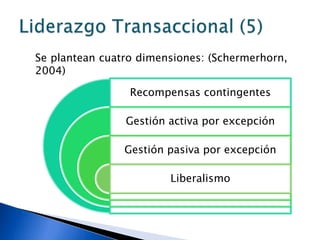 Se plantean cuatro dimensiones: (Schermerhorn,
2004)

                 Recompensas contingentes

                Gestión activa por excepción

                Gestión pasiva por excepción

                        Liberalismo
 