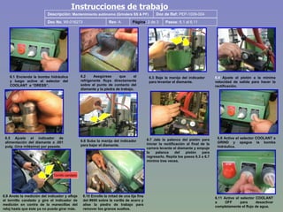 Doc No . WI- 016273 Rev : A Descripción:  Mantenimiento autónomo (Grinders SS  & PF )   Doc de Ref :  PEP-1009- 004 Página :  2   de   3 Instrucciones de  trabajo Pasos:  6.1   al   6.11 6. 1  Encienda la bomba hidráulica y luego active el selector del COOLANT  a “DRESS”.   6.2   Asegúrese que el refrigerante fluya directamente sobre el punto de contacto del diamante y la piedra de trabajo.   6.5 Ajuste el indicador de alimentación del diamante a .001 pulg. (Una milésima) por pasada.   6. 8   Active  el selector COOLANT a  GRIND y  apague la bomba hidráulica .   6 . 4  Ajuste el pistón a la mínima velocidad de salida para hacer la rectificación.   6. 7  Jale la palanca del pistón para iniciar la rectificación al final de la carrera levante el diamante y empuje la palanca del pistón para regresarlo. Repita los pasos 6. 3  a 6. 7  mínimo tres veces.    6.6 Suba la manija del indicador para bajar el diamante.  6.3 Baje la manija del indicador para levantar el diamante.  6.9 Anote la medición del indicador y afloje el tornillo candado y gire el indicador de medición en contra de la manecillas del reloj hasta que éste ya no pueda girar más.  6.1 0  Enrolle la mitad de una lija fina del #600 sobre la varilla de acero y alise la piedra de trabajo para remover los granos sueltos.   Tornillo candado   6.11 Active el selector COOLANT a OFF para desactivar completamente el flujo de agua.   