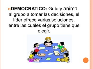 DEMOCRATICO:         Guía y anima
al grupo a tomar las decisiones, el
   líder ofrece varias soluciones,
entre las cuales el grupo tiene que
                elegir.
 