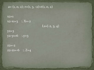 a= (1, 0, 2); r=(1, 3, -2)+t(1, 0, 2)

x2=1
x2-x1=3 :. X=-2
                            L1=(-2, 3, 4)
y2=3
y2-y1=6 :.y=3

z2=-2
z2-z1=-6    :. Z=4
 