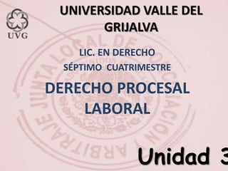 UNIVERSIDAD VALLE DEL
GRIJALVA
LIC. EN DERECHO
SÉPTIMO CUATRIMESTRE

DERECHO PROCESAL
LABORAL

Unidad 3

 