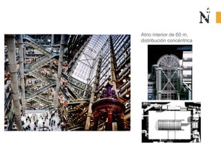 Atrio interior de 60 m,
distribución concéntrica
 