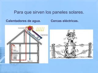 Para que sirven los paneles solares.
Calentadores de agua.   Cercas eléctricas.
 