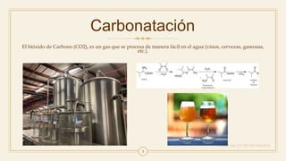 Carbonatación
El bióxido de Carbono (CO2), es un gas que se procesa de manera fácil en el agua (vinos, cervezas, gaseosas,
etc.).
AGREGAR UN PIE DE PÁGINA
5
 